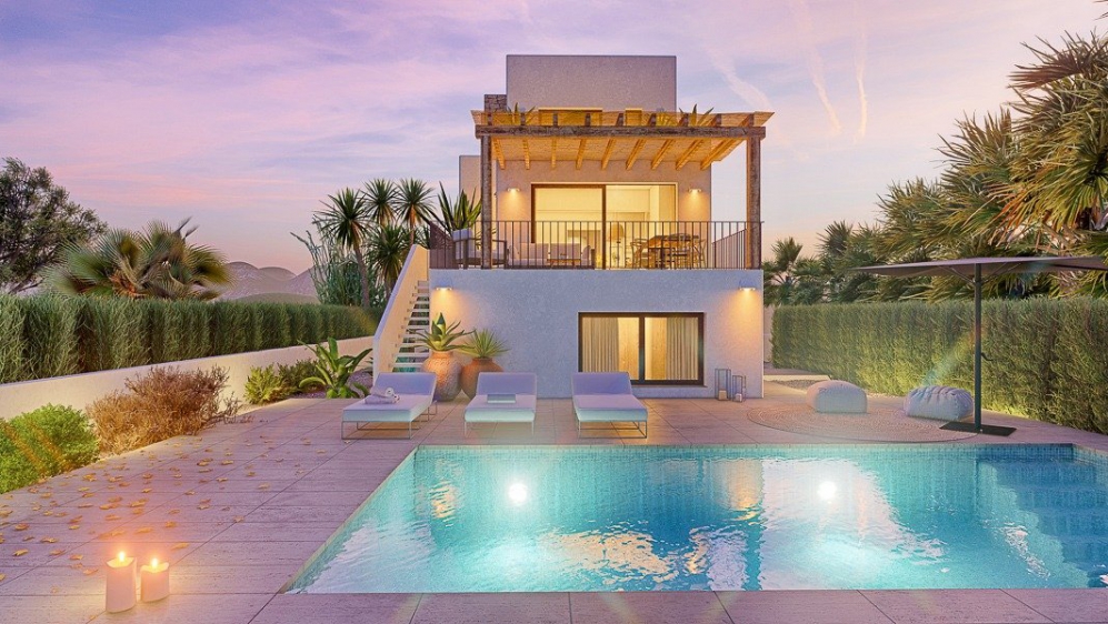 Uniek: Luxe nieuwbouw Ibiza stijl villa pal aan het schitterende zandstrand van Oliva