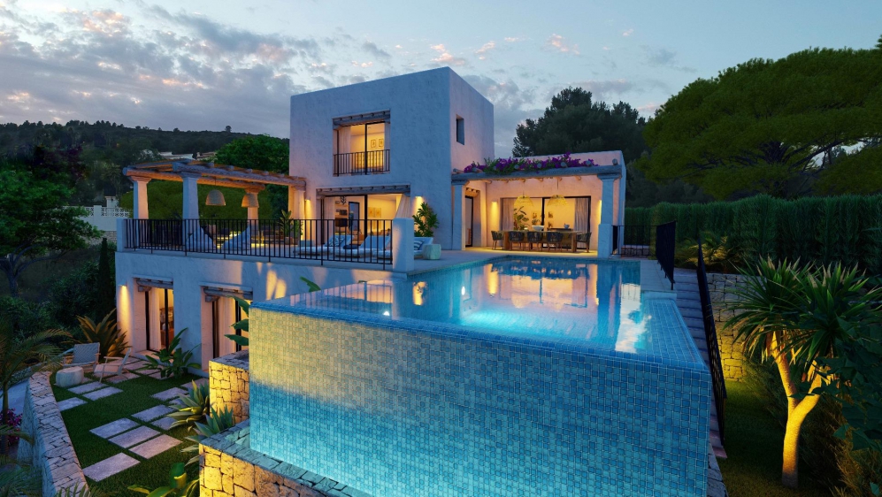 Schitterende nieuwe Ibiza stijl villa met panoramisch zeezicht op heerlijke locatie